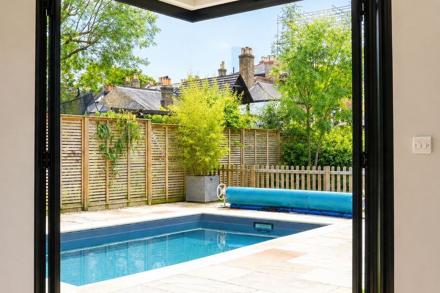 A garden pool and paved terrace seen through open bifold doors from inside the house